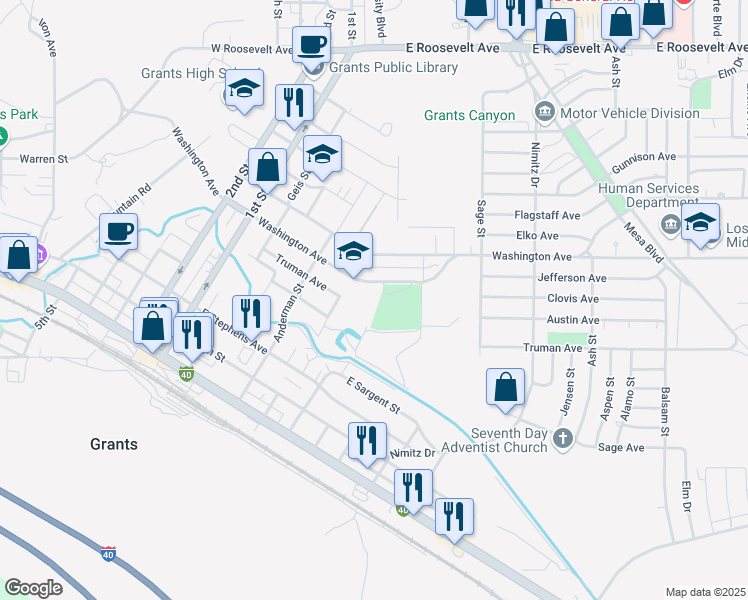 map of restaurants, bars, coffee shops, grocery stores, and more near 400 Washington Avenue in Grants