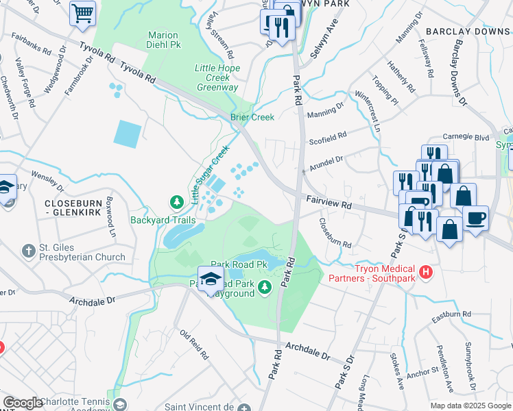 map of restaurants, bars, coffee shops, grocery stores, and more near 6220 Park Road in Charlotte