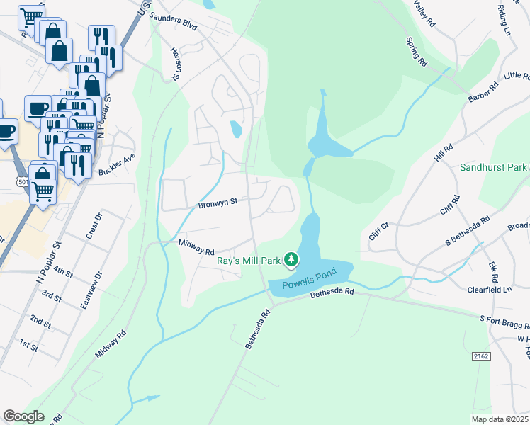 map of restaurants, bars, coffee shops, grocery stores, and more near 136 Cypress Circle in Southern Pines