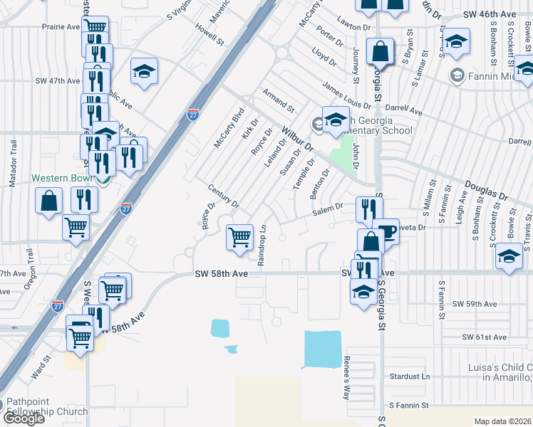 map of restaurants, bars, coffee shops, grocery stores, and more near 2706 Emory Drive in Amarillo
