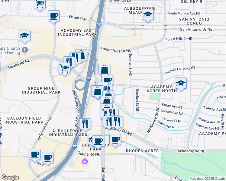map of restaurants, bars, coffee shops, grocery stores, and more near 6000 Pan American Freeway Northeast in Albuquerque