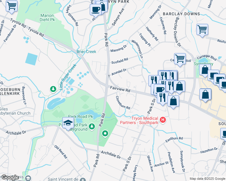 map of restaurants, bars, coffee shops, grocery stores, and more near 5566 Fairview Road in Charlotte