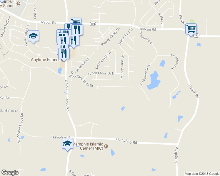 map of restaurants, bars, coffee shops, grocery stores, and more near 10247 Woodland Hills Drive in Shelby County