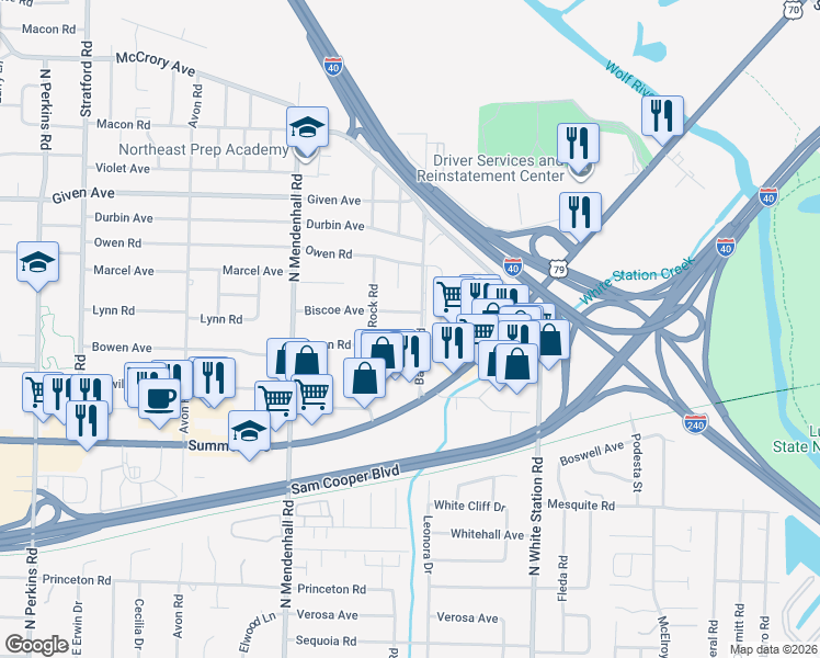 map of restaurants, bars, coffee shops, grocery stores, and more near 5009 Biscoe Avenue in Memphis