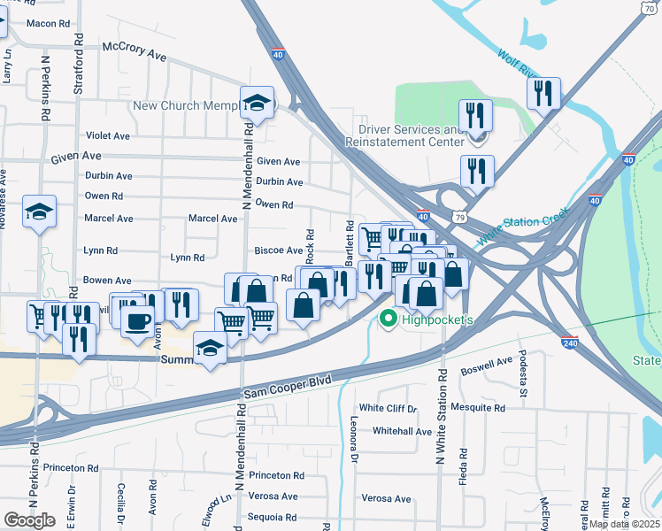 map of restaurants, bars, coffee shops, grocery stores, and more near 5009 Biscoe Avenue in Memphis