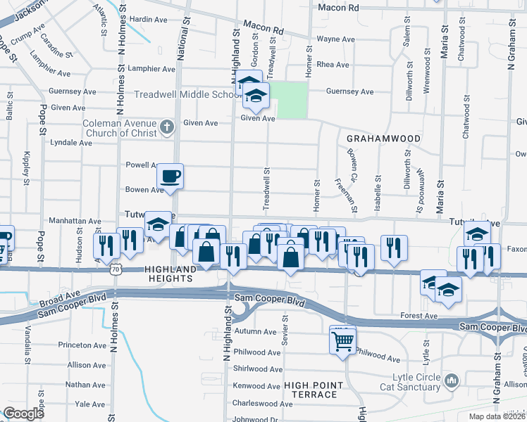map of restaurants, bars, coffee shops, grocery stores, and more near 3534 Tutwiler Avenue in Memphis