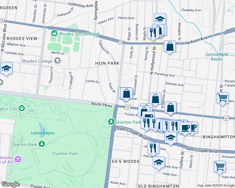 map of restaurants, bars, coffee shops, grocery stores, and more near 614 North Trezevant Street in Memphis