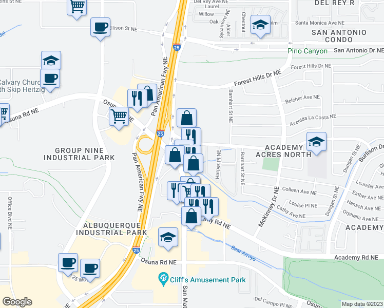 map of restaurants, bars, coffee shops, grocery stores, and more near 6000 Pan American E Fwy NE in Albuquerque