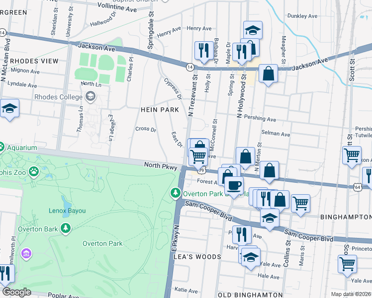 map of restaurants, bars, coffee shops, grocery stores, and more near 614 North Trezevant Street in Memphis