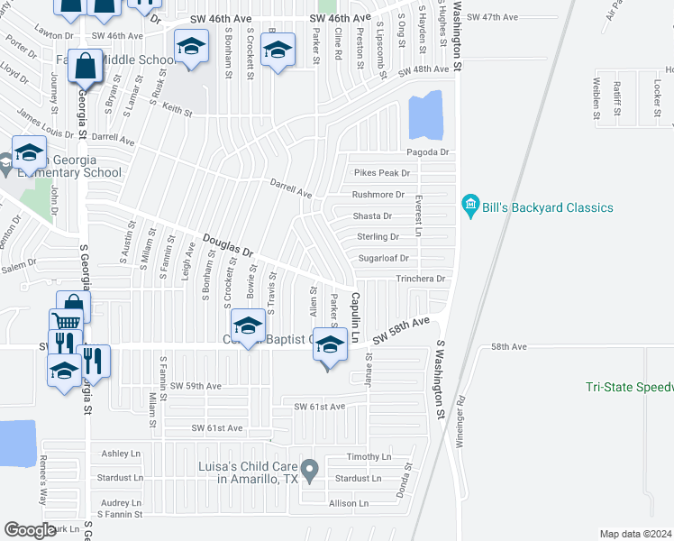 map of restaurants, bars, coffee shops, grocery stores, and more near 5215 Parker Street in Amarillo