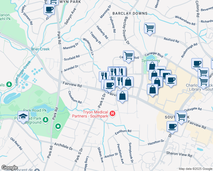 map of restaurants, bars, coffee shops, grocery stores, and more near 5821 Fairview Road in Charlotte