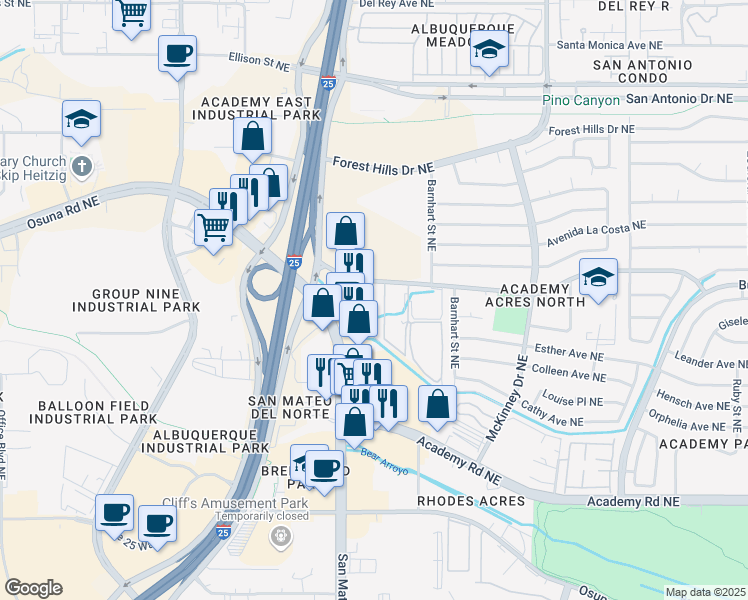 map of restaurants, bars, coffee shops, grocery stores, and more near 5700 Harper Drive Northeast in Albuquerque