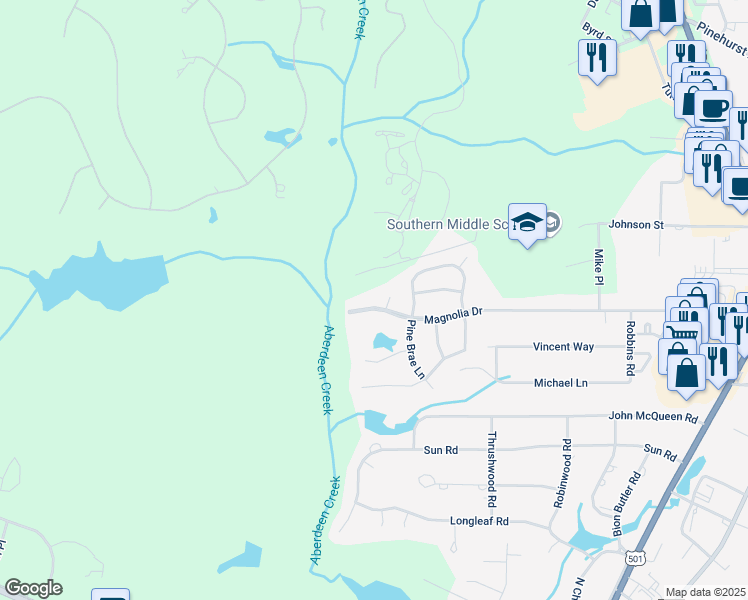 map of restaurants, bars, coffee shops, grocery stores, and more near 1110 Magnolia Drive in Aberdeen