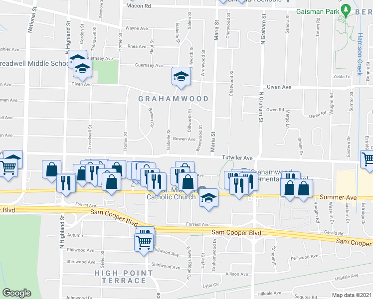 map of restaurants, bars, coffee shops, grocery stores, and more near 3808 Tutwiler Ave in Memphis