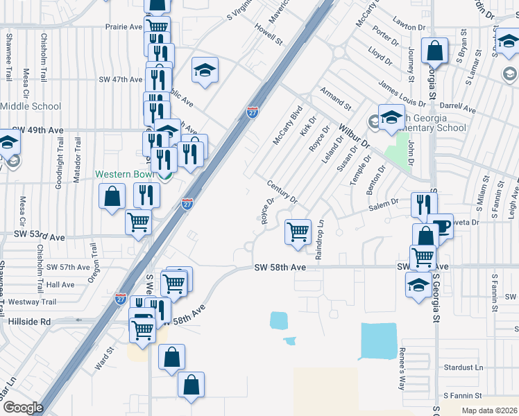 map of restaurants, bars, coffee shops, grocery stores, and more near 5212 Royce Drive in Amarillo