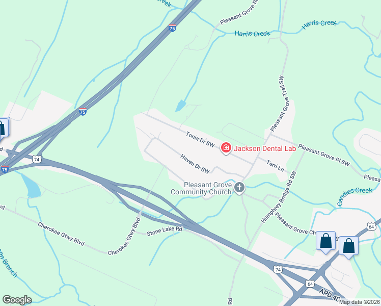 map of restaurants, bars, coffee shops, grocery stores, and more near 268 Haven Drive Southwest in McDonald