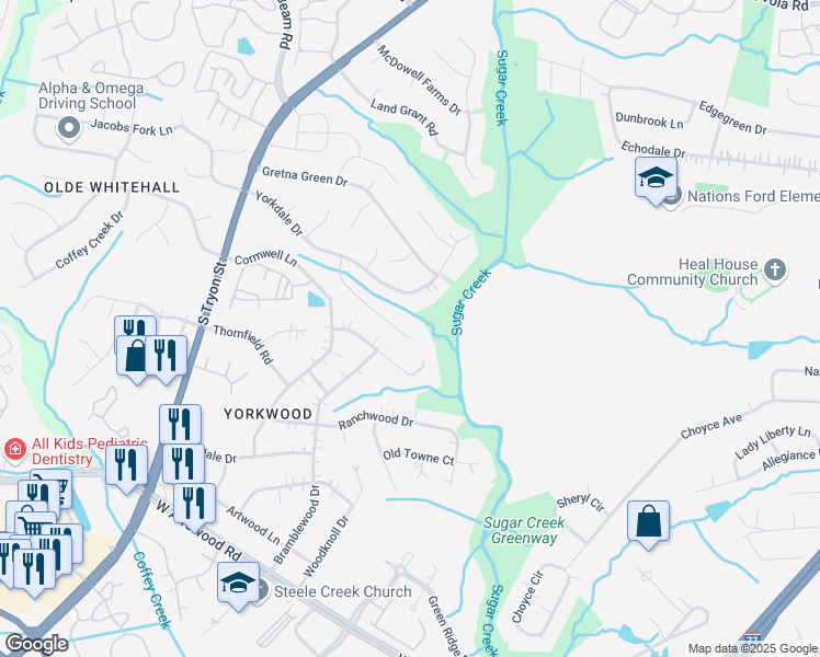 map of restaurants, bars, coffee shops, grocery stores, and more near 7431 Flodden Field Court in Charlotte
