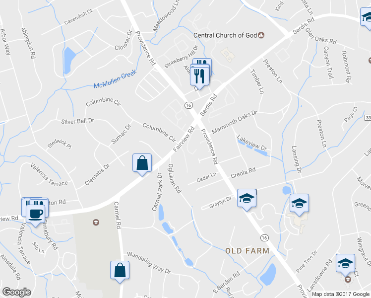 map of restaurants, bars, coffee shops, grocery stores, and more near 4403 Columbine Court in Charlotte