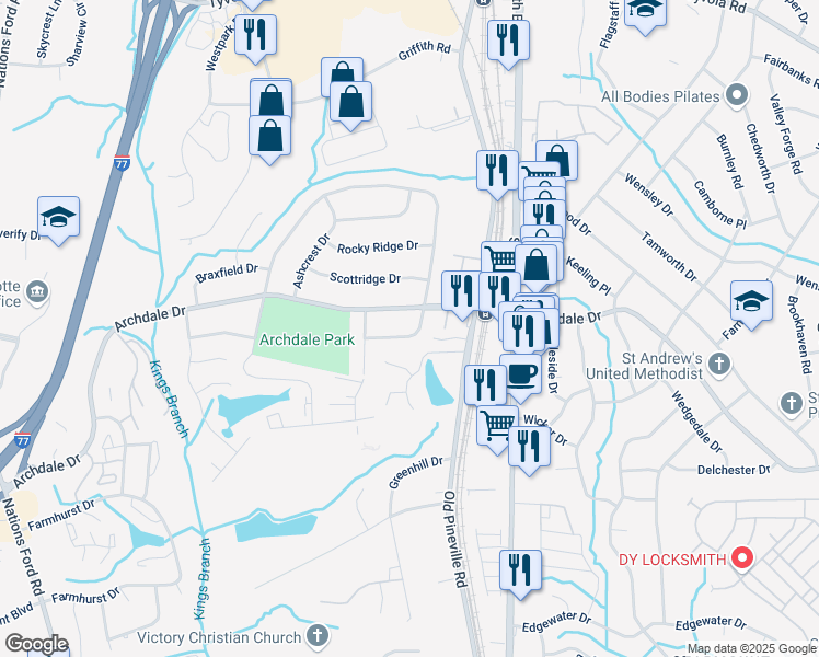 map of restaurants, bars, coffee shops, grocery stores, and more near 6413 Cherrycrest Lane in Charlotte