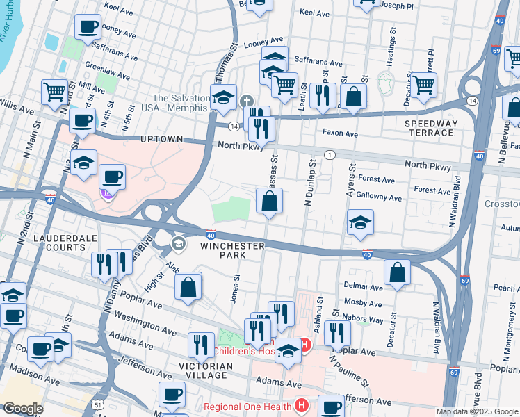 map of restaurants, bars, coffee shops, grocery stores, and more near 417 North Manassas Street in Memphis