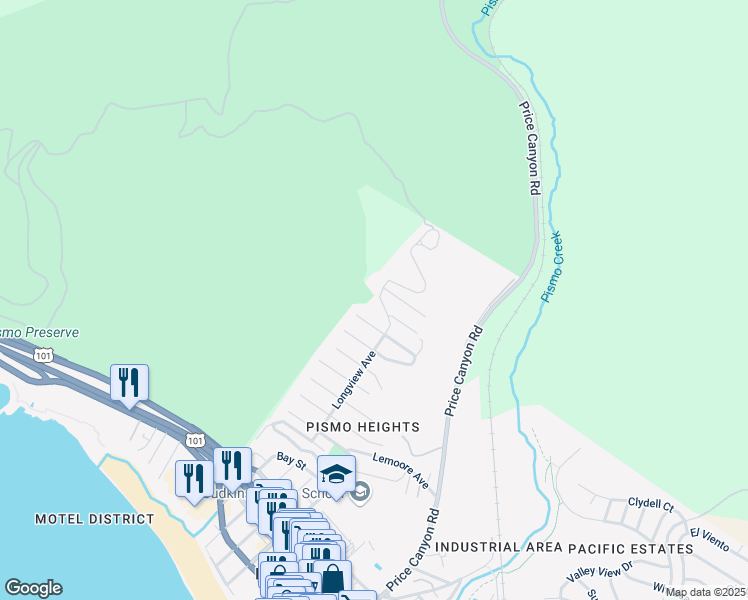 map of restaurants, bars, coffee shops, grocery stores, and more near 951 Longview Avenue in Pismo Beach