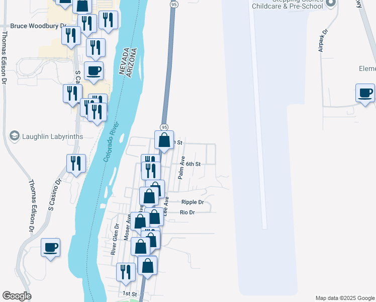 map of restaurants, bars, coffee shops, grocery stores, and more near 134 Palm Avenue in Bullhead City