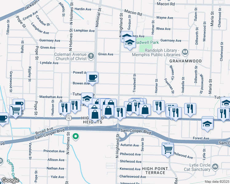 map of restaurants, bars, coffee shops, grocery stores, and more near 749 North Highland Street in Memphis