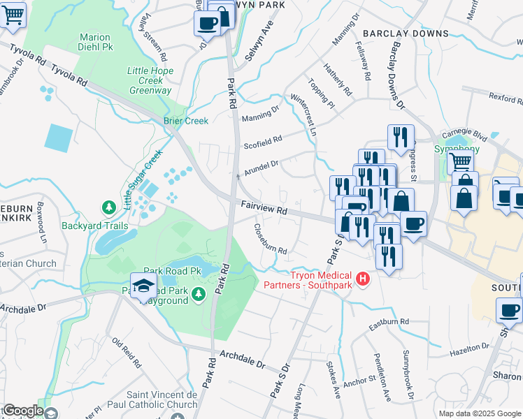 map of restaurants, bars, coffee shops, grocery stores, and more near 5566 Fairview Road in Charlotte