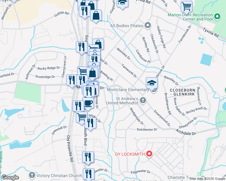 map of restaurants, bars, coffee shops, grocery stores, and more near 6108 Netherwood Drive in Charlotte
