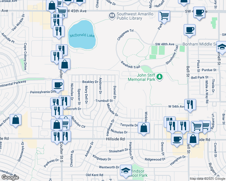 map of restaurants, bars, coffee shops, grocery stores, and more near 6813 Daniel Drive in Amarillo