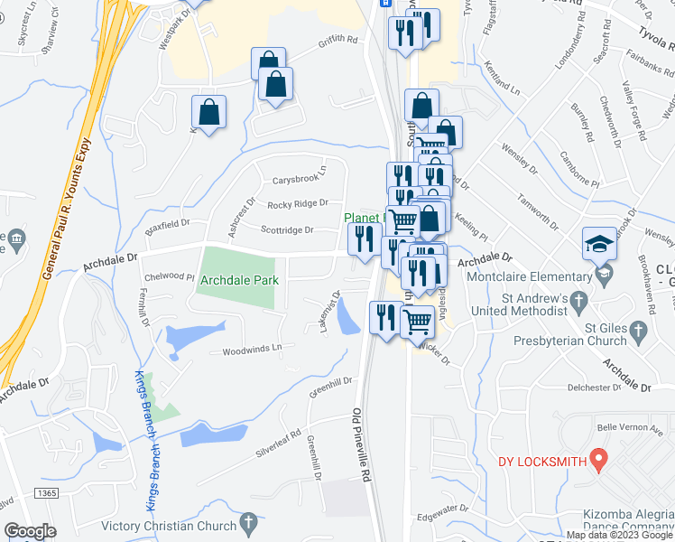 map of restaurants, bars, coffee shops, grocery stores, and more near 6413 Cherrycrest Lane in Charlotte