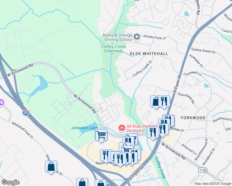 map of restaurants, bars, coffee shops, grocery stores, and more near 2533 Silverthorn Drive in Charlotte