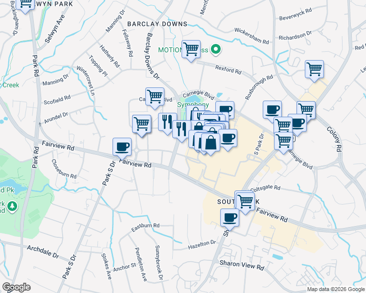 map of restaurants, bars, coffee shops, grocery stores, and more near 4331 Barclay Downs Drive in Charlotte