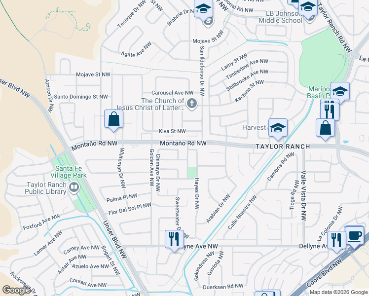 map of restaurants, bars, coffee shops, grocery stores, and more near 5917 Cochiti Drive Northwest in Albuquerque