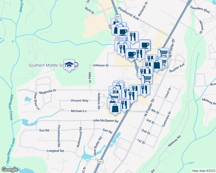 map of restaurants, bars, coffee shops, grocery stores, and more near 700-798 Magnolia Drive in Aberdeen
