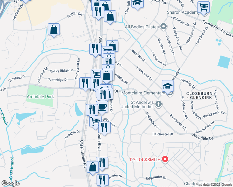 map of restaurants, bars, coffee shops, grocery stores, and more near 1514 Archdale Drive in Charlotte