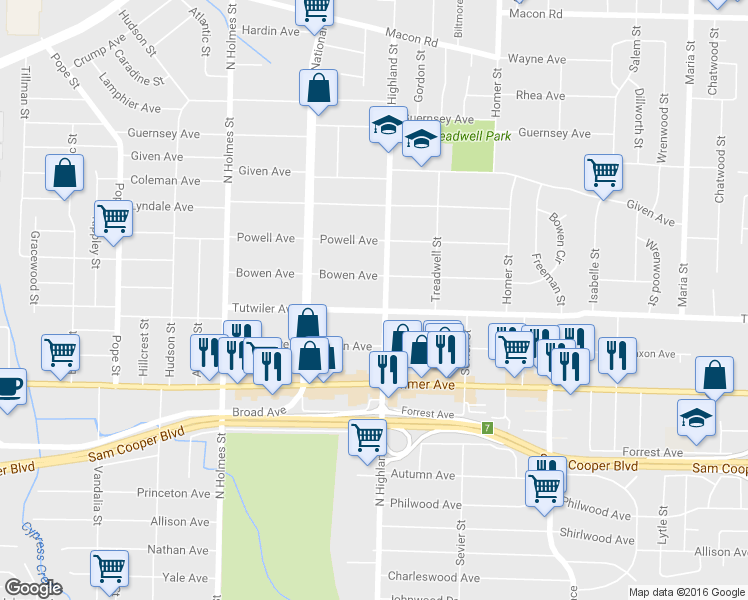 map of restaurants, bars, coffee shops, grocery stores, and more near 749 North Highland Street in Memphis