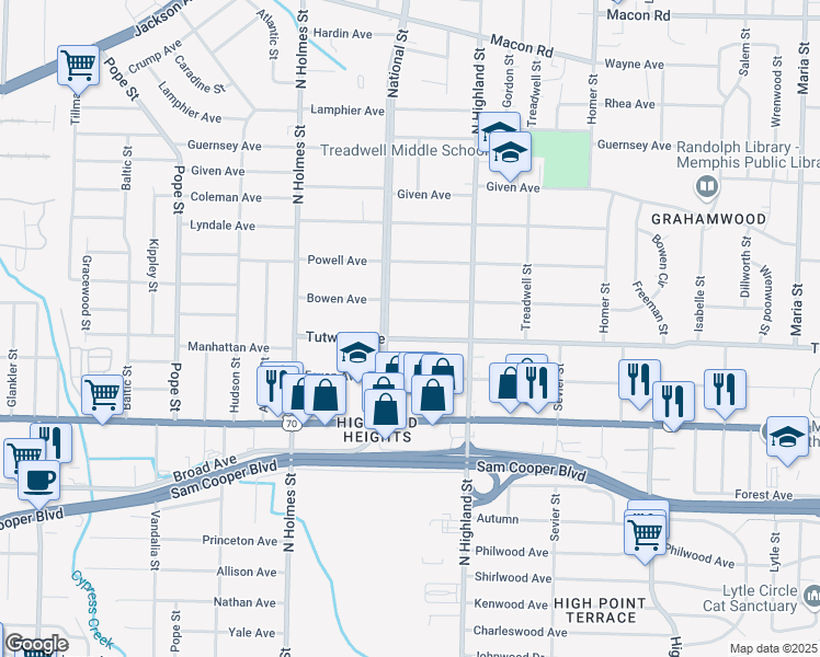 map of restaurants, bars, coffee shops, grocery stores, and more near 752 National Street in Memphis
