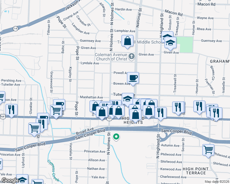 map of restaurants, bars, coffee shops, grocery stores, and more near 3318 Tutwiler Avenue in Memphis
