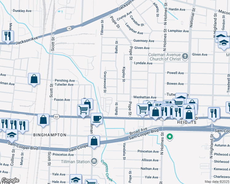 map of restaurants, bars, coffee shops, grocery stores, and more near 3084 Manhattan Avenue in Memphis