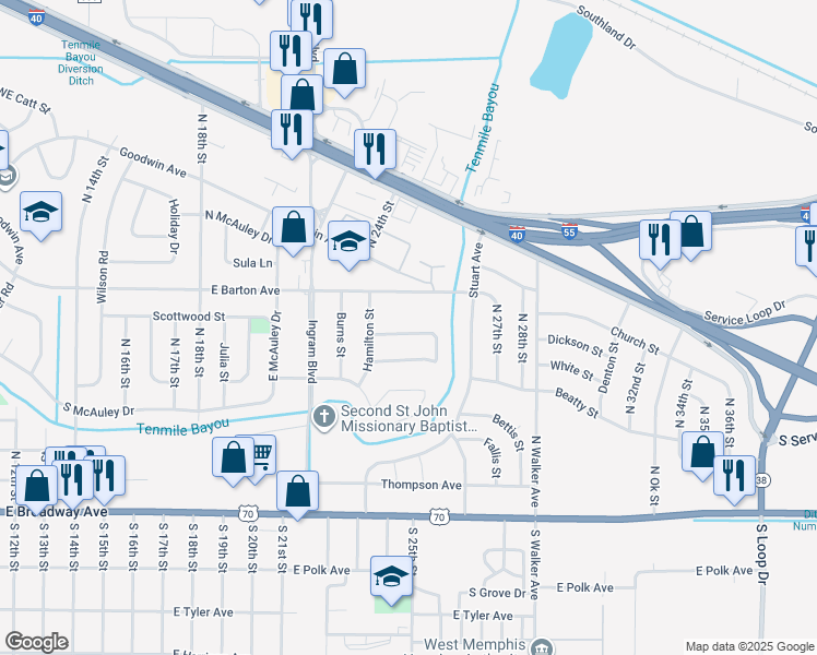 map of restaurants, bars, coffee shops, grocery stores, and more near 2502 North Woodlawn Drive in West Memphis