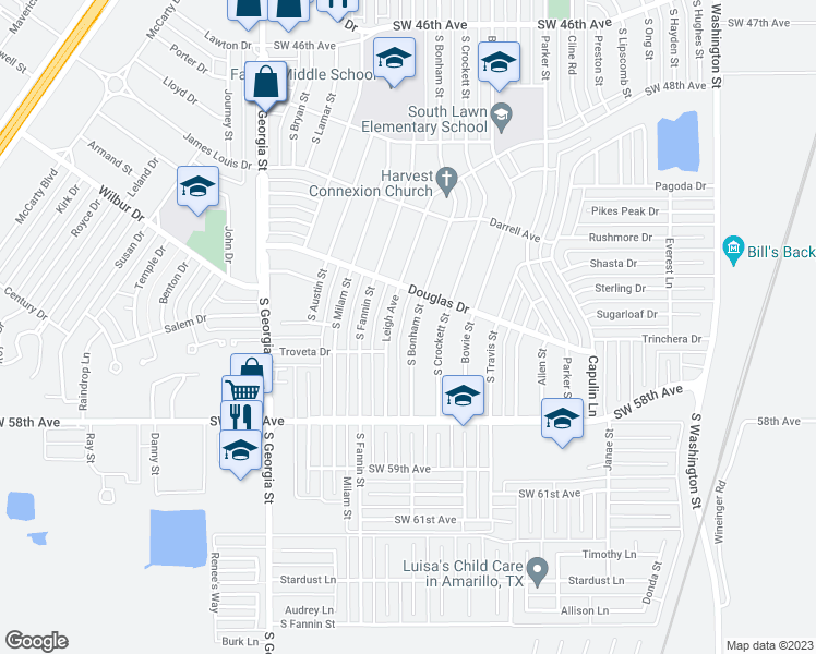 map of restaurants, bars, coffee shops, grocery stores, and more near 5112 South Bonham Street in Amarillo