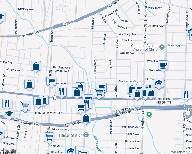 map of restaurants, bars, coffee shops, grocery stores, and more near 3048 Manhattan Avenue in Memphis