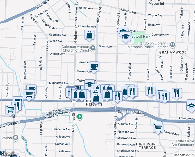 map of restaurants, bars, coffee shops, grocery stores, and more near 752 National Street in Memphis