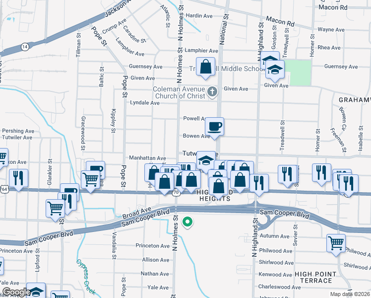 map of restaurants, bars, coffee shops, grocery stores, and more near 3318 Tutwiler Avenue in Memphis