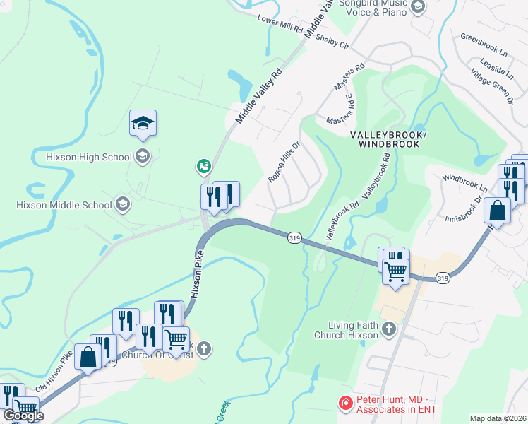 map of restaurants, bars, coffee shops, grocery stores, and more near 110 Masters Lane in Chattanooga