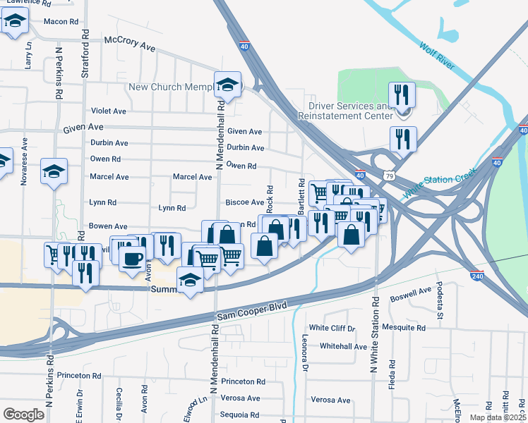 map of restaurants, bars, coffee shops, grocery stores, and more near 779 Rock Road in Memphis