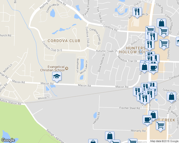map of restaurants, bars, coffee shops, grocery stores, and more near 1005 Red Fox Cove in Cordova