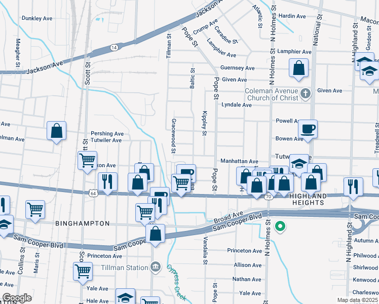 map of restaurants, bars, coffee shops, grocery stores, and more near 3084 Manhattan Avenue in Memphis