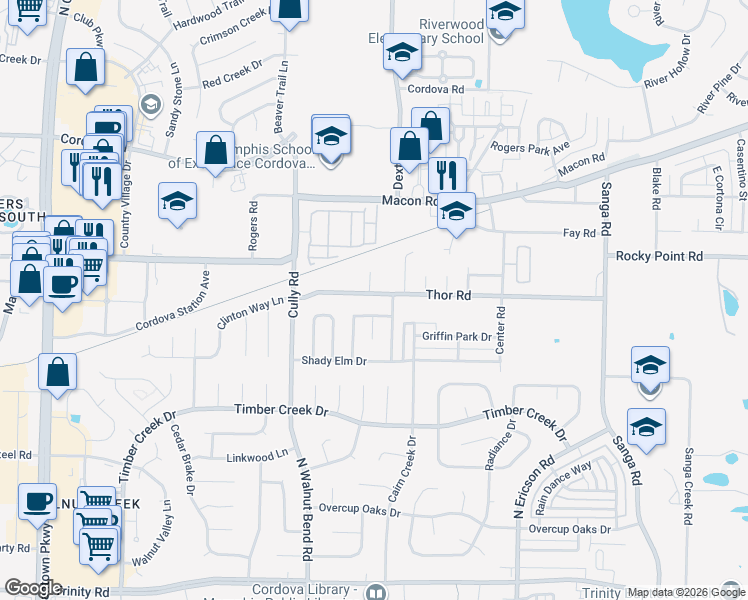 map of restaurants, bars, coffee shops, grocery stores, and more near 8453 Thor Road in Memphis